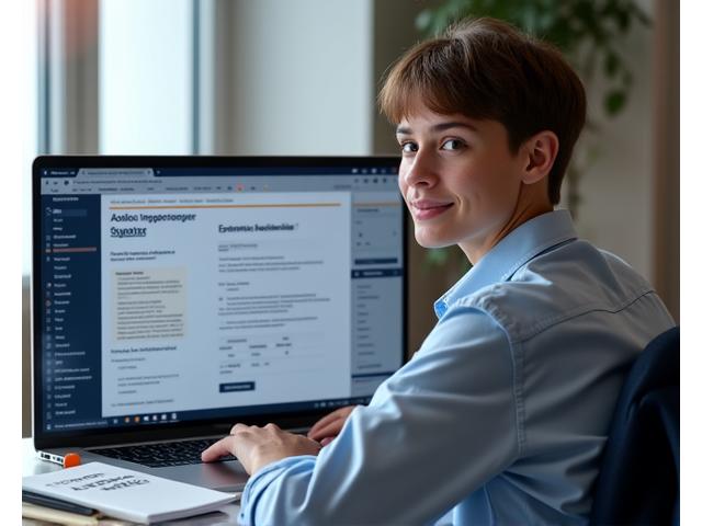 Студент демонстрирует успешно автоматизированную бухгалтерскую систему на ноутбуке.